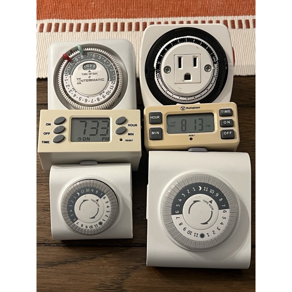 Lot Of 6 Plug In Timers- Intermatic, Westinghouse, Digital & Mechanical Lamps